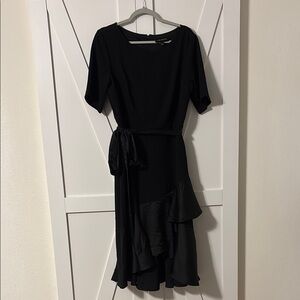 Black Asymmetrical Wrap Dress with Ruffled Tie Front